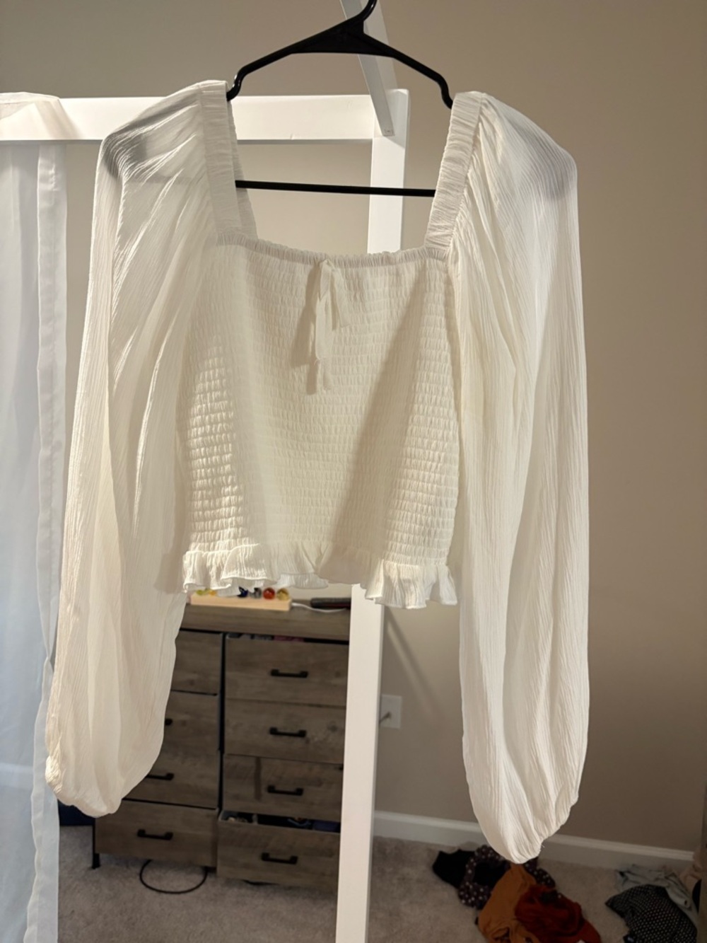 Women's Cream Smocked Peasant Blouse with Balloon Sleeves